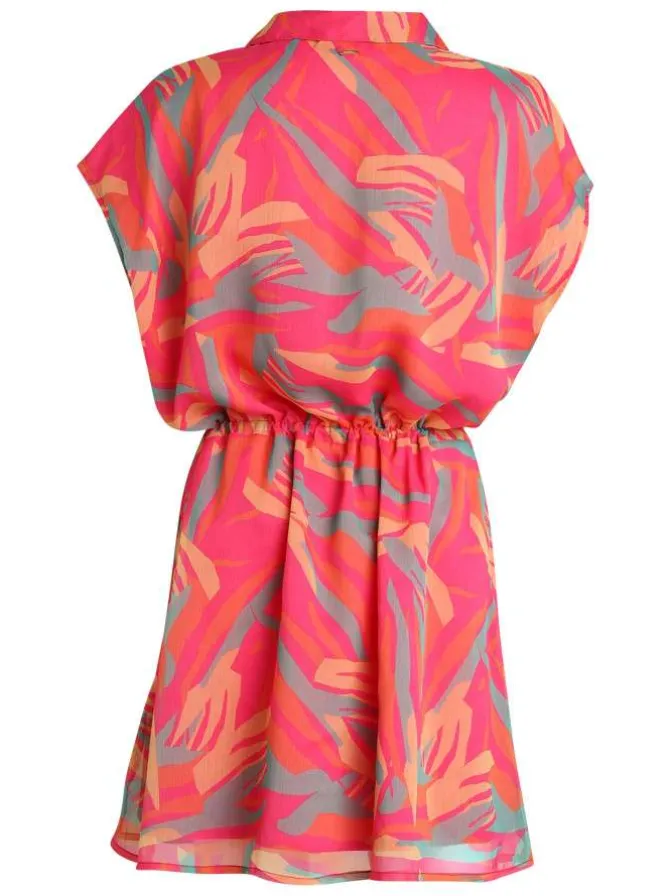 Robe courte tricolore avec un col à revers et à coupe fluide ajustée à la taille