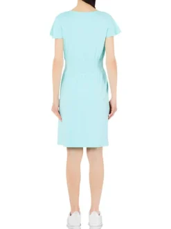 Robe courte vert d'eau unie coupe droite avec un col v et des manches courtes