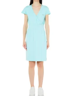 Robe courte vert d'eau unie coupe droite avec un col v et des manches courtes