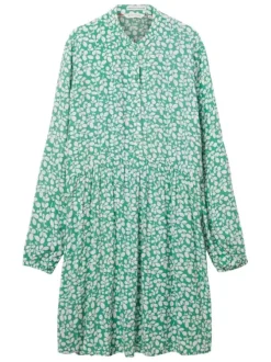 Robe courte verte fleurie coupe droite avec un col tunisien et 6 boutons