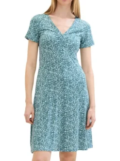 Robe courte verte fleurie coupe droite col v et à manches courtes