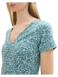 Robe courte verte fleurie coupe droite col v et à manches courtes
