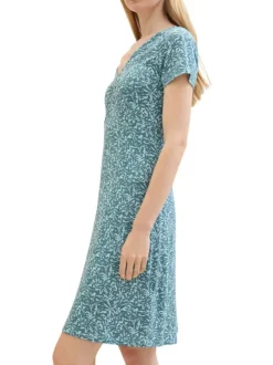 Robe courte verte fleurie coupe droite col v et à manches courtes