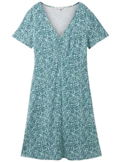 Robe courte verte fleurie coupe droite col v et à manches courtes