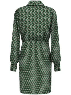 Robe courte verte imprimé abstrait avec une coupe droite et un col cache-coeur