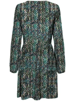 Robe courte verte imprimé abstrait à coupe fluide col v et à manches longues