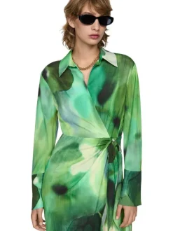 Robe courte verte imprimée à coupe ajustée avec col à revers et manches longues