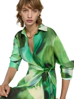 Robe courte verte imprimée à coupe ajustée avec col à revers et manches longues
