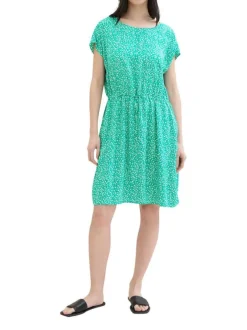 Robe courte verte imprimée coupe droite col carré et à manches courtes