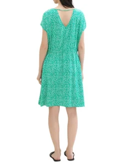 Robe courte verte imprimée coupe droite col carré et à manches courtes