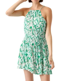 Robe courte verte imprimé tacheté à coupe droite col rond et sans manches