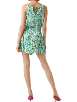Robe courte verte imprimé tacheté à coupe droite col rond et sans manches