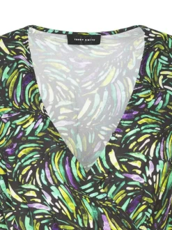 Robe courte verte imprimé tropical avec une coupe portefeuille et un col v