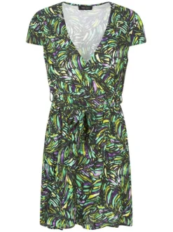 Robe courte verte imprimé tropical avec une coupe portefeuille et un col v