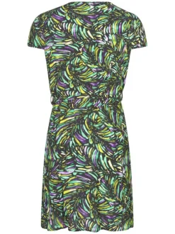 Robe courte verte imprimé tropical avec une coupe portefeuille et un col v
