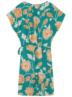Robe courte verte à motifs floraux avec une coupe ajustée et un col cache-coeur