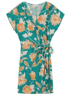 Robe courte verte à motifs floraux avec une coupe ajustée et un col cache-coeur
