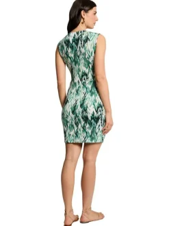 Robe courte verte à motif tropical avec une coupe portefeuille et un col croisé