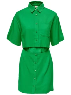 Robe courte verte ouverte à l'avant avec une coupe ajustée et un col français
