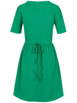 Robe courte verte unie coupe ajustée col v et lien à nouer au dos