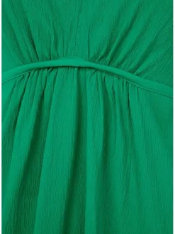 Robe courte verte unie coupe ajustée col v et lien à nouer au dos