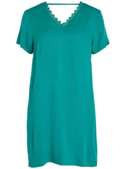 Robe courte verte unie à coupe droite col v et à manches courtes