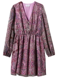 Robe courte violette fleurie coupe droite col v et à manches longues
