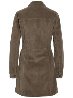 Robe courte zippée en coton taupe en velours côtelée avec un col à revers