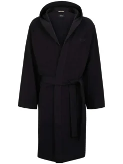 Robe de chambre à capuche en coton noire unie avec une coupe droite