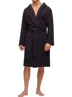Robe de chambre à capuche en coton noire unie avec une coupe droite