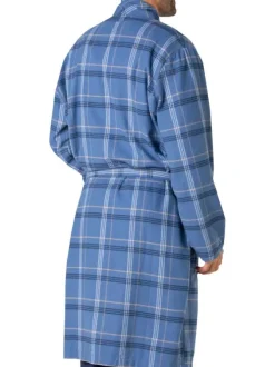 Robe de chambre mi-longue en coton bleue à carreaux avec une ceinture