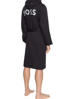 Robe de chambre noire unie en coton avec manches longues er à capuche