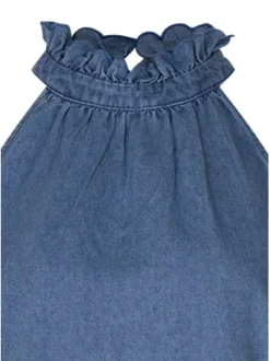 Robe en jean courte en coton indigo unie pourvue d'une coupe large