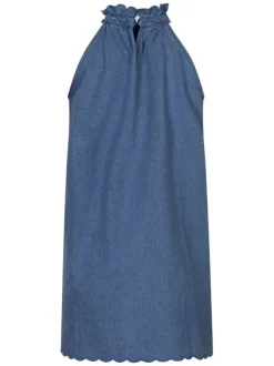 Robe en jean courte en coton indigo unie pourvue d'une coupe large