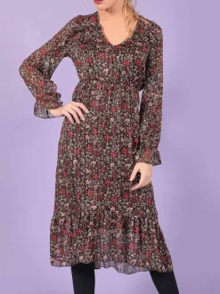 Robe femme baby doll fleurie tricolore avec fil lurex noir fleuri