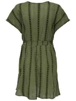 Robe légère courte kaki rayée avec une coupe fluide et un col cache-coeur