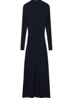 Robe longue ajustée marine en maille côtelée avec col rond et manches longues