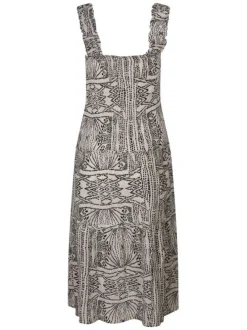 Robe longue beige avec des imprimés une coupe droite et un col rond