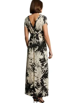 Robe longue beige à imprimé tropical noir cintrée à col v et à manches courtes