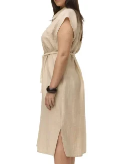 Robe longue beige unie avec une coupe droite à col français sans manches