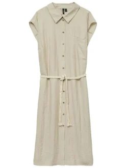 Robe longue beige unie avec une coupe droite à col français sans manches