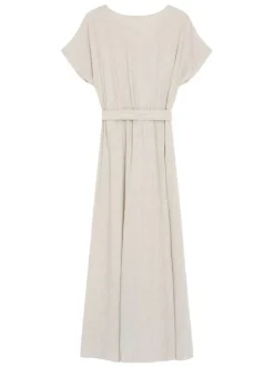 Robe longue beige unie avec une coupe fluide et un col V croisé