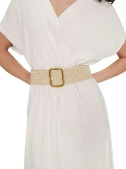Robe longue beige unie avec une coupe fluide et un col V croisé