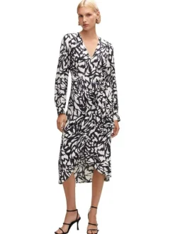 Robe longue black imprimé abstrait avec une coupe portefeuille et un col v