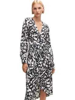 Robe longue black imprimé abstrait avec une coupe portefeuille et un col v
