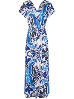 Robe longue bleue coupe cintrée pourvue d'un col v et de manches courtes