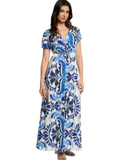 Robe longue bleue coupe cintrée pourvue d'un col v et de manches courtes