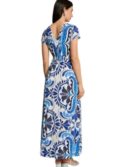 Robe longue bleue coupe cintrée pourvue d'un col v et de manches courtes
