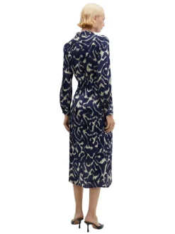 Robe longue bleue imprimé abstrait avec une coupe midi et un col v à revers