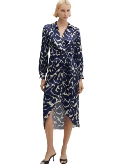 Robe longue bleue imprimé abstrait avec une coupe midi et un col v à revers